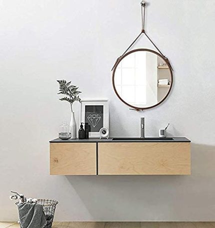 HofferRuffer Round Wall Mirror Decorative Mirror, Hanging Mirror with Hanging Strap Silver Hardware Hooker/Hanger, Diameter 16 inch, Brown