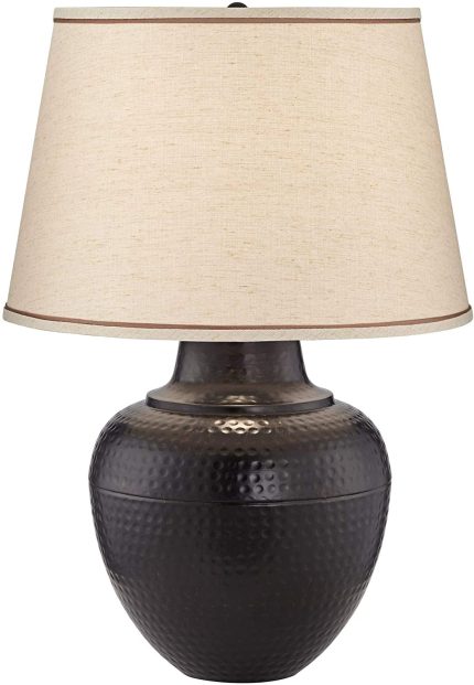 Brighton Southwest Rustic Farmhouse Table Lamp 27.25" Tall Hammered Warm Bronze Metal Pot Beige Fabric Drum Shade for Living Room Bedroom House Bedside Nightstand Home Office - Barnes and Ivy