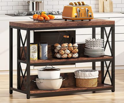 Kitchen Island with 3 Storage Shelves, Industrial Island Table for Kitchen, Microwave, 47 Inch Stationary Storage Islands Butcher Block Island with Large Thicken Worktop, Rustic