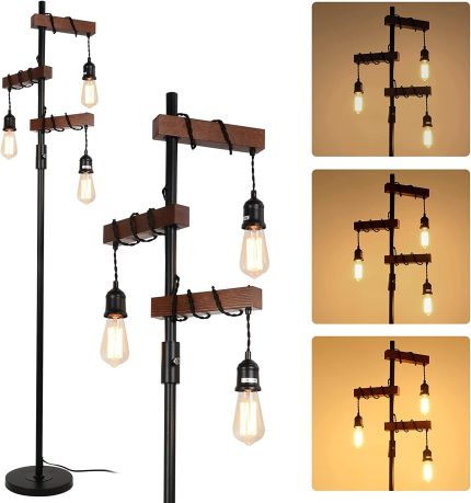 Dimmable Industrial Floor Lamp, Farmhouse Tree Floor Lamp, 68 Inch 3 Lights Wood Standing Lamp, Sturdy Base Tall Vintage Pole Light, Metal Black Floor Lamps for Living Room Bedroom Office Rustic Home