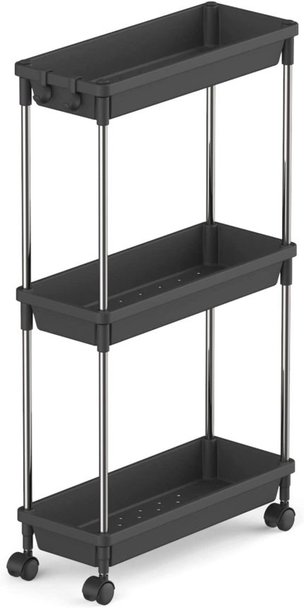 Slim Storage Rolling Cart for Gap Narrow Space, 3 Tier Slide-Out Trolley Utility Rack Shelf Organizer with Wheels for Bathroom Kitchen Laundryroom Bedroom, Space-Saving Easy Assembly, Black