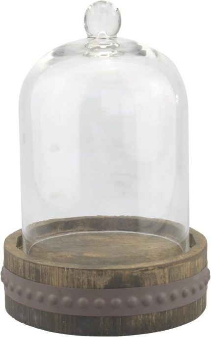 Stonebriar 12 Inch Clear Glass Dome Cloche with Rustic Wood and Metal Base, Antique Bell Jar Display Dome, Display Succulents, Keepsakes, Decorative Fill, Wedding Bouquets, Photos, and More, Large