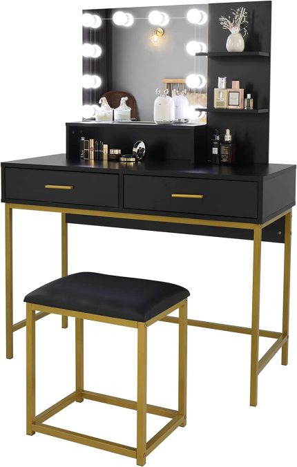 Outvita Makeup Table with Drawers & Lighted Mirror Vanity Set with LED Lights in 3 Colors Makeup Vanity with 2 Large Drawers & Storage Shelves, Black