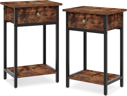 Nightstand End Table with Storage, Retro Brown Nightstand Set of 2, Sofa Side Table with Drawer, Wood Bed Side Table for Bedroom, Living Room