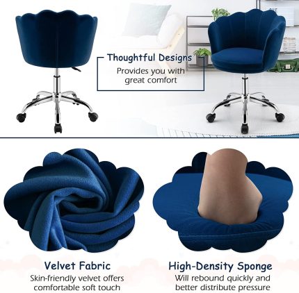 Kids Desk Chair, Comfy Home Office Task Chair with Wheels, Upholstered Velvet Seashell Back Vanity Chair, Cute Modern Computer Chair for Girls, Adjustable Swivel Rolling Arm Chair, Blue