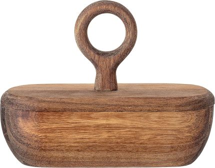 Bloomingville AH0505 Acacia Wood Divided Pinch Pot Container with Lid, 6.5 Inch, Brown