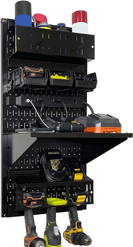 Wall Control Power Tool Storage Organizer Kit Cordless Drill Holder Charging Station Rack 16” x 32” Metal Pegboard Organization System