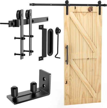Signstek 6.6FT Sliding Barn Door Hardware Kit Heavy Duty with Door Hook, Adjustable Floor Guide and 2 Handles -Easy to Install, Smoothly and Quietly, Fit 1 3/8-1 3/4" Thickness -Black, I Shape Hanger