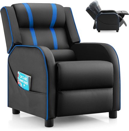 Costzon Kids Recliner, Gaming Recliner Chair w/Side Pockets, Footrest, Headrest & Lumbar Support for Kids Room & Play Room, Adjustable Racing Style Leather Sofa for Children Boys Girls (Blue, Black)