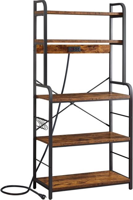 SUPERJARE Kitchen Bakers Rack with Power Outlet, 5-Tier Microwave Stand with Storage, 31.5'' Kitchen Shelf Organizer, Coffee Bar Table Station, 6 Side Hooks, Metal Frame - Rustic Brown