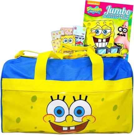 Spongebob Duffle Bag Set For Kids - 4 Pc Bundle With Spongebob Luggage Carry On Suitcase Bag, Spongebob Coloring Book, Stickers, and More (Spongebob Travel Activity Set)