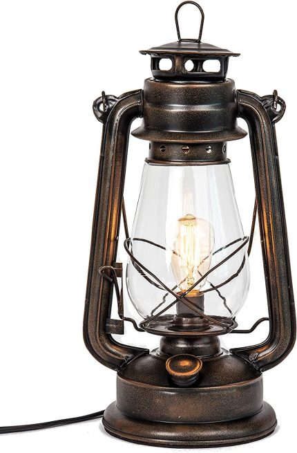 Dimmable Electric Lantern Table Lamp with line Cord dimmer and Style Vintage Bulb-Rustic Rust Finish