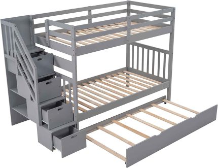 ATY Twin Over Twin/Full Bunk Bed with Twin Size Trundle, Bedframe w/ Storage Drawers for Kids, Teens, Adults, Bedroom, No Box Spring Needed, Gray
