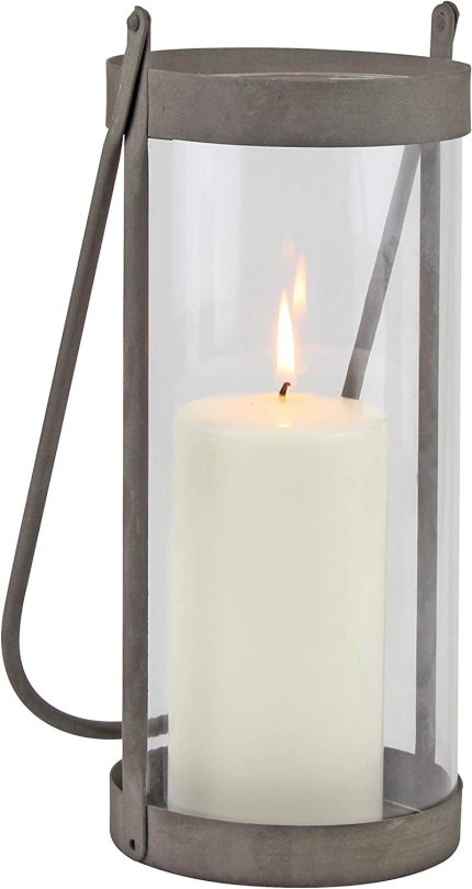 Stonebriar Industrial Glass Cylinder Hurricane Candle Lantern with Rustic Zinc Metal Frame and Handle, Gray