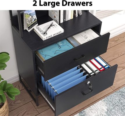 Jehiatek File Cabinets for Home Office with Lock 2 Drawer, Large Vertical Filing Cabinet with Bookshelf, Sturdy, Durable, Easy to Assemble and Clean (Black)