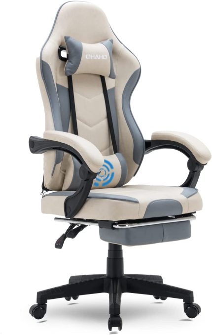 OHAHO Gaming Chair Racing Style Office Chair Adjustable Massage Lumbar Cushion Swivel Rocker Recliner Leather High Back Ergonomic Computer Desk Chair with Footrest (Beige)