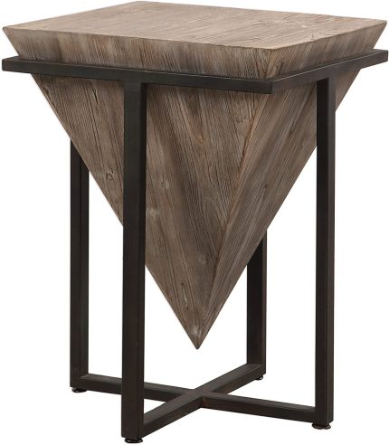 MY SWANKY HOME Modern Rustic Industrial Pyramid End Table | Geometric Iron Wood Block Accent