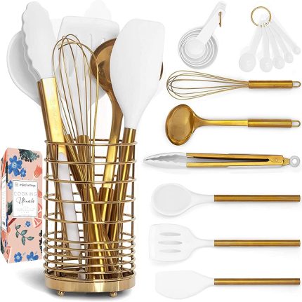 Gold Kitchen Utensils with Holder - 17PC White & Gold Cooking Utensils Set Includes Gold Utensil Holder, White & Gold Measuring Cups and Spoons Set, Gold Spatula, Gold Whisk- Gold Kitchen Accessories