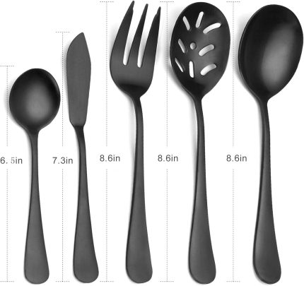 Matte Black Serving Set，SHARECOOK 5-Piece 18/0 Stainless Steel Large Hostess Set with Round Edge, Satin Finished, Dishwasher Safe -Spoons, Forks,Butter Knife& Slotted Spoon