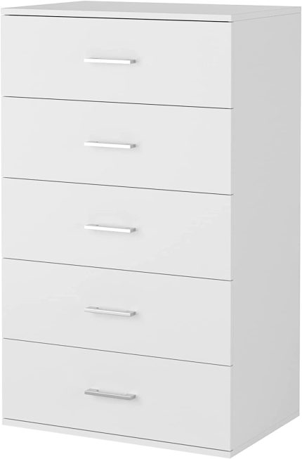 5 Drawer Dresser Chest, Freestanding Dresser Storage Tower with Metal Handles, White Storage Cabinet for Living Room, Kitchen, Entryway, Closet