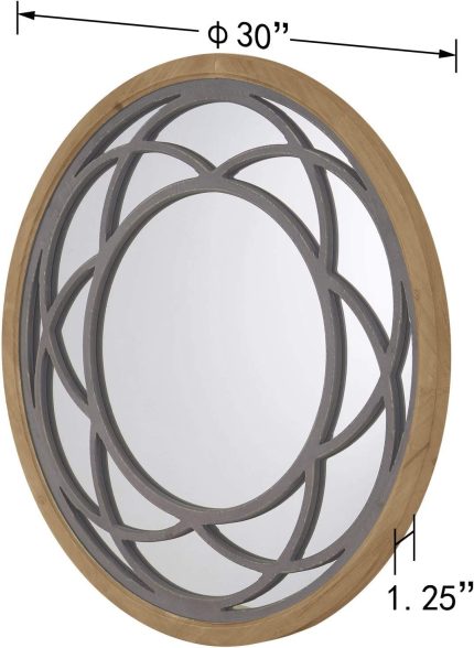 Rustic Round Decorative Large Wall Mirror 30" with Wood Frame for Living Room Bedroom Kitchen Entryway Wall Decor, Lotus