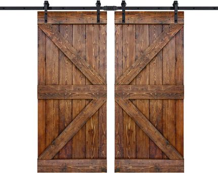 ISLIFE 2 Sets 36in X 84in K Series DIY Knotty Pine Wood Interior Sliding Barn Door with 6FT Hardware Kit +2Handles (Classic Walnut)