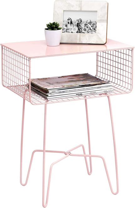 mDesign Steel Side Table Nightstand w/Storage Shelf Basket for Bedroom, Living Room, Home Office; Rustic Bedside End Table, Industrial Modern Accent Furniture, Concerto Collection - Light Pink/Blush