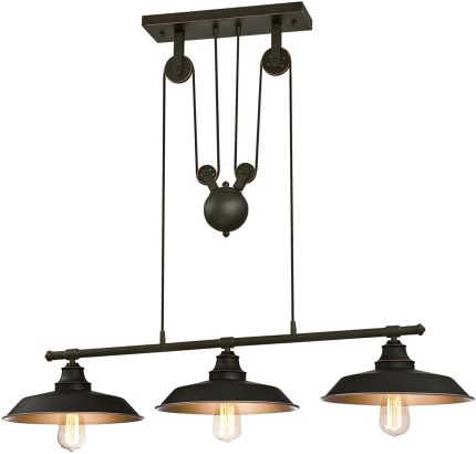 Westinghouse 6332500 Iron Hill Three-Light Indoor Island Pulley Pendant, Finish with Highlights and Metallic Interior, 3, Oil Rubbed Bronze/Bronze
