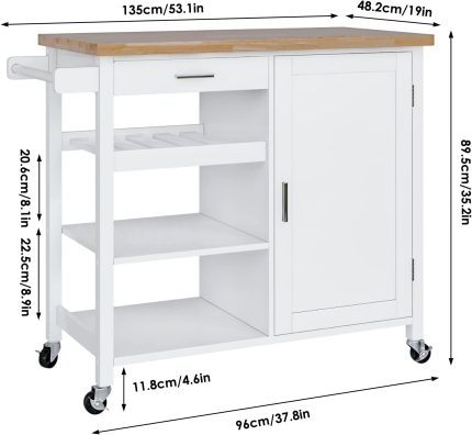 Kitchen Island on Wheels with Storage Drawer and Cabinet, Rolling Kitchen Cart with Open Shelves, Rubberwood Tabletop and Towel Rack, Lockable Casters, 37.8" D x 19" W x 35.2" H, White