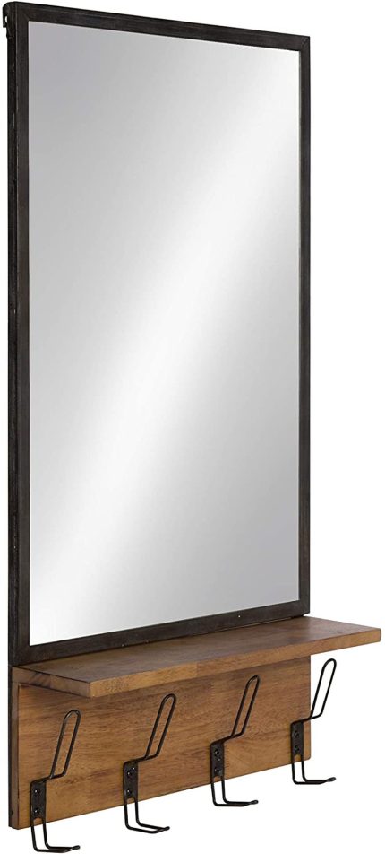 Kate and Laurel Coburn Rustic Wall Mirror Distressed Metal Frame with Wood Shelf and Hooks, Rustic Brown