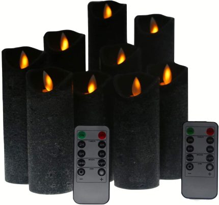 Kitch Aroma Black flameless Candles, Black Candles Battery Operated LED Pillar Candles with Moving Flame Wick with Remote Timer,Pack of 9