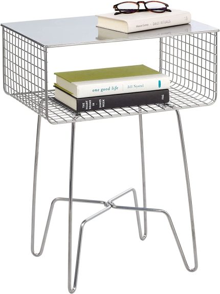 mDesign Steel Side Table Nightstand with Storage Shelf Basket for Bedroom, Living Room, Home Office; Rustic Bedside End Table, Industrial Modern Accent Furniture - Concerto Collection - Chrome