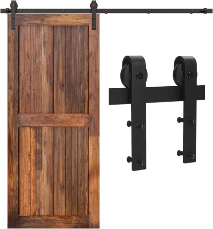 TOIMIOTOIM 6FT Sliding Barn Door Hardware Kit for Single Doors Heavy Duty Sturdy, Smoothly and Quietly, Fit 1 3/16-2" Thickness Door Panel - Black(J Shape Hanger)