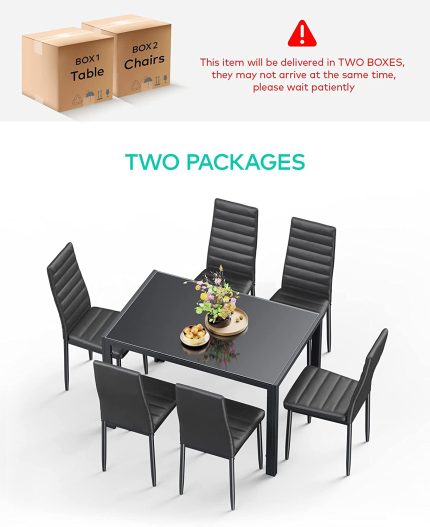 Bealife Kitchen Dining Table Set for 6, Tempered Glass 7 Piece Table and Chairs Set Modern for Home, Kitchen, Living Room, Dining Room (Black)