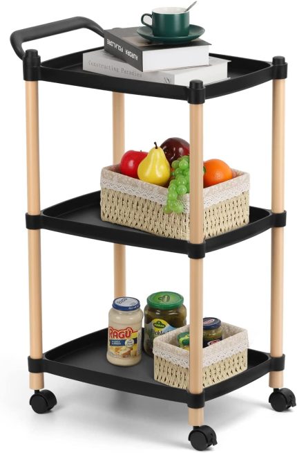 Rolling Carts with Wheels Kitchen Carts on Wheels Rolling Kitchen Cart Utility Rolling Cart for Kitchen Living Room Bathroom, Black