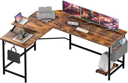 MYDENIMSKY 66" L Shaped Desk, Gaming Desk, Large Home Office Desk, Writing Desk, L Shaped Corner Desk, Computer Desk Workstation with Computer Tower Stand, Desktop Shelf and Storage Bag, Rustic Brown