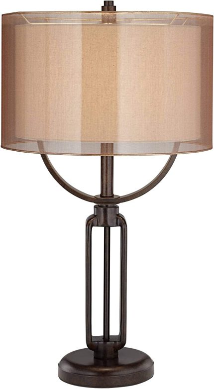 Monroe Modern Farmhouse Industrial Table Lamp 29" Tall Oil Rubbed Bronze Brown Metal Sheer Double Drum Shade Decor for Living Room Bedroom House Bedside Nightstand Home Office - Franklin Iron Works