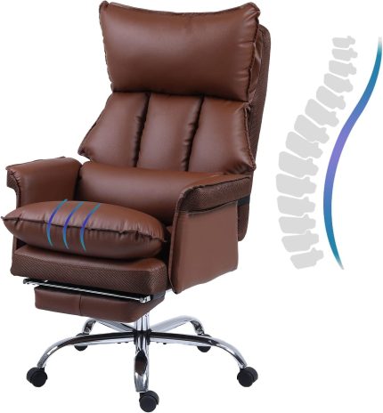 Office Chair, Ergonomic Home Desk Chair, Executive Office Chair with Retractable Footrest, Padded Cushion, Faux Leather, Fully Adjustable Reclining Chair, Modern Computer Chair (Brown)