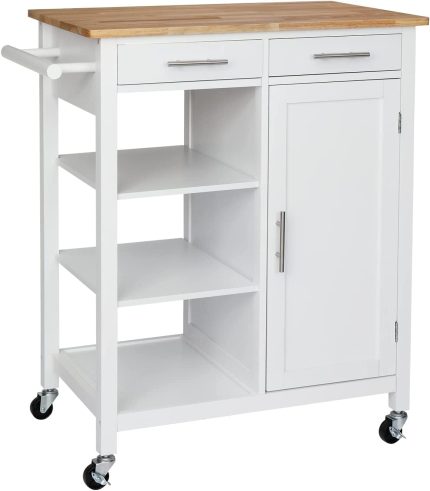 FCH Portable Kitchen Island Cart White Modern Rolling Coffee Bar Serving Trolley Kitchen Storage Cabinet with Rubberwood Countertop, 2 Drawers, 3 Tier Holders, Towel Rack, Spice Rack, Lockable Wheels