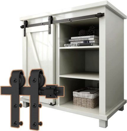 4FT Super Mini Sliding Barn Door Hardware Kit Cabinet Single Door Track Roller Kit for Cabinets Wardrobe TV Stand, J Shape(No Cabinet)