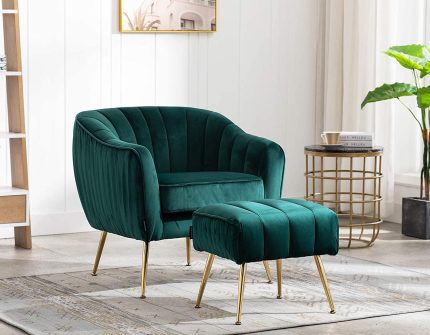 Artechworks Velvet Modern Tub Barrel Arm Chair Upholstered Tufted with Gold Metal Legs Accent Club Chair with Ottoman Footrest for Living Reading Room Bedroom, Green