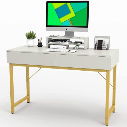 WESTREE 39.3" Computer Gaming Desk Office - Study Writing Desk with Drawer for Teen, Bedroom Makeup Desk Home Office with Storage Shelf, Height Monitor Stand, White