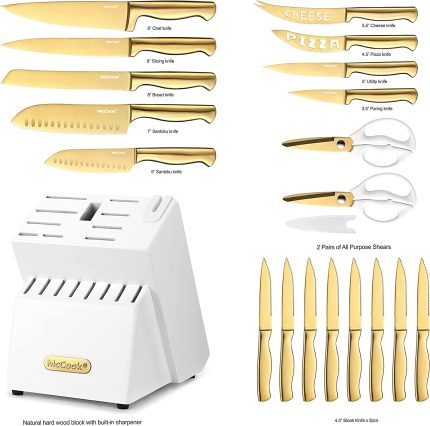 McCook MC69G Kitchen Knife Sets,20 Pieces Golden Titanium Knives Block Set with Built-in Sharpener
