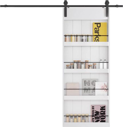 BARNER HOME 36in x 84in Sliding Barn Door, Shelf Style, Made of Primed MDF, with 6.6 ft Hardware, Handle and Floor Guide