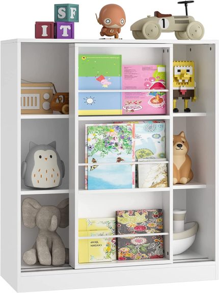 Kids Bookcase with Sliding Shelf, 3 Tier Book Shelf Toy Organizer Storage Cabinet, Free Stranding Display Storage Bookshelf for Bedroom Living Room, White
