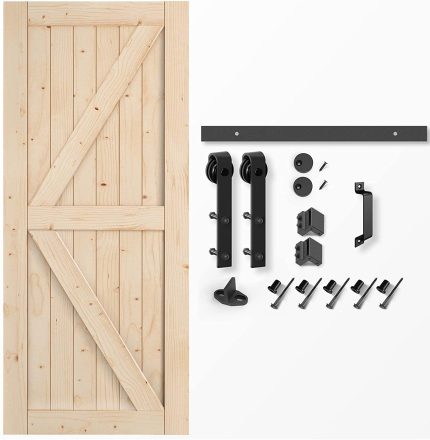 EaseLife 36in x 84in Sliding Barn Door with 6.6FT Barn Door Hardware Kit & Handle Included,DIY Assemblely,Easy Install,Apply to Interior Rooms & Storage Closet,K-Frame,Natural