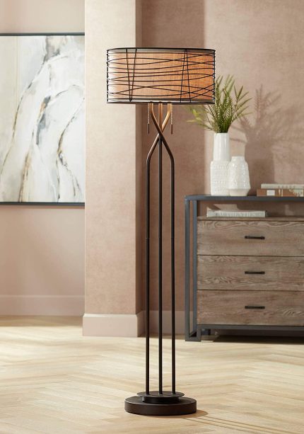 Marlowe Modern Industrial Farmhouse Lamp Floor Standing 60.5" Tall Rustic Bronze Woven Iron Metal Burlap Fabric Double Drum Shade Decor for Living Room Reading House Bedroom - Franklin Iron Works