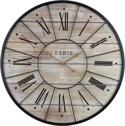 Paris Oversized Wall Clock, Centurion Roman Numeral Hands, Parisian French Country Rustic Large Decorative Modern Farmhouse Decor Ideal for Living Room, Analog Wood Metal Clock, 24” Round