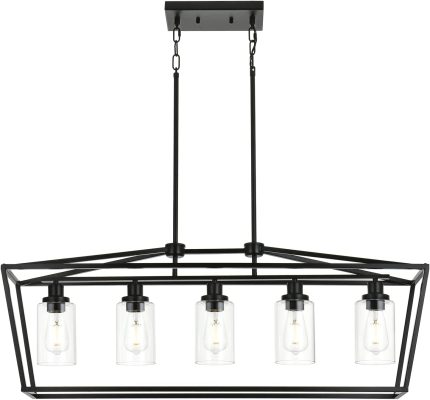 BONLICHT 5 Light Farmhouse Black Rectangle Dining Room Chandelier with Clear Glass Shade, Modern Industrial Pendant Light Hanging for Kitchen Island for Dining Room Foyer