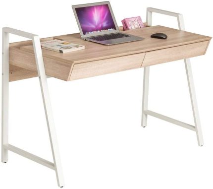 Dporticus 50” Computer Desk with Drawers, Small Modern Wood Home Office Desk Workstation, PC Lap Desk with Storage, Oak and White